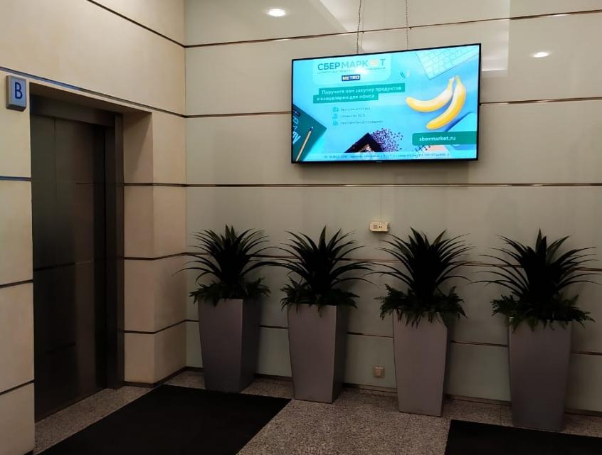 Видеоролик на плазменной панели в лифтовом холле